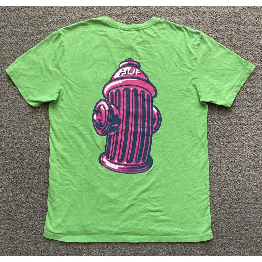 HUF Fire Hydrant Pocket T-Shirt Mens L Lime Green Graphic Tee Y2K Kith Style